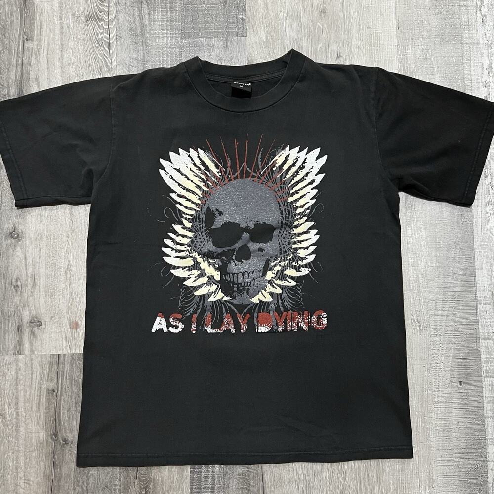 As I Lay Dying Band Tee VTG Black Winged Skull Y2K Concert Rock Metalcore Sz M